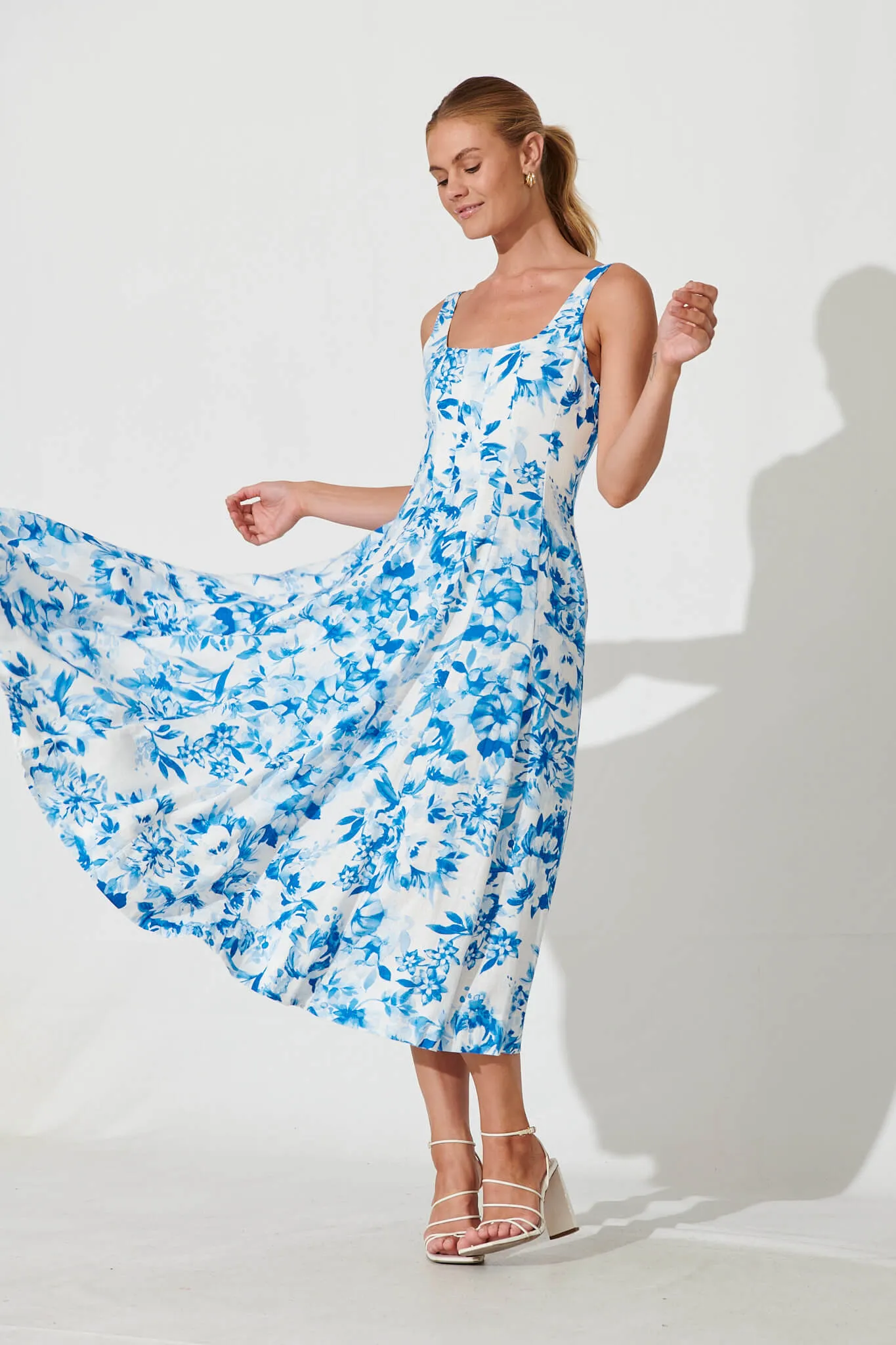 Angelita Midi Dress In Blue Floral Linen Blend | Parallel Angelita Midi Dress In Blue Floral Linen Blend | Parallel