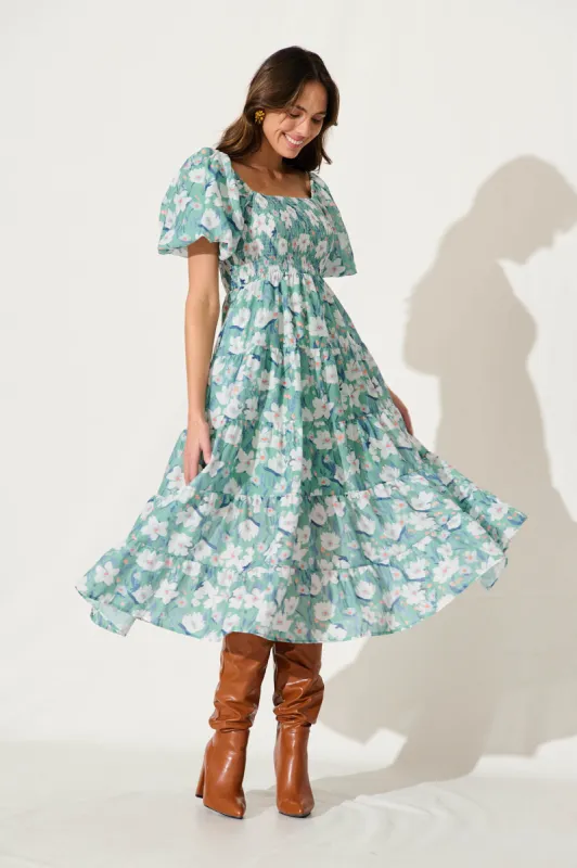 Luella Midi Dress In Multi Green Floral sold by St Frock