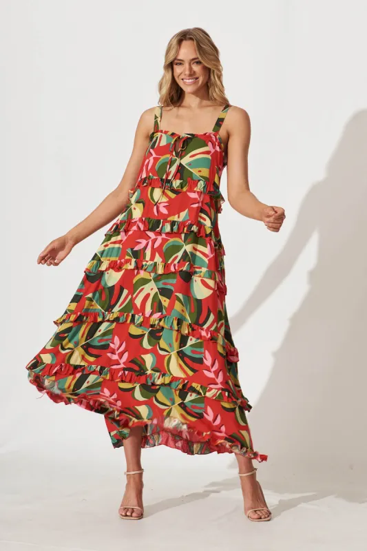 Bloomsbury Maxi Dress In Red With Green Leaf Print sold by St Frock
