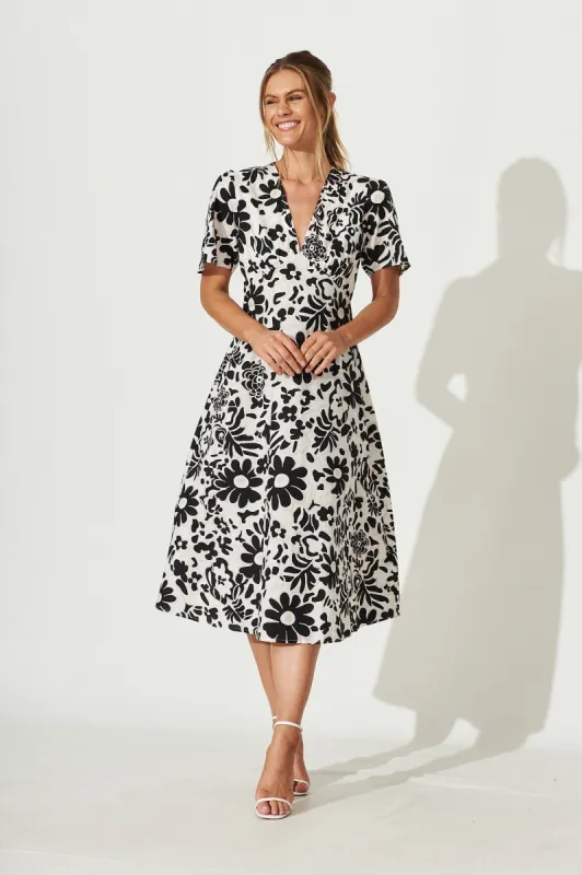 Marici Midi Dress In Beige With Black Floral Print Cotton sold by St Frock