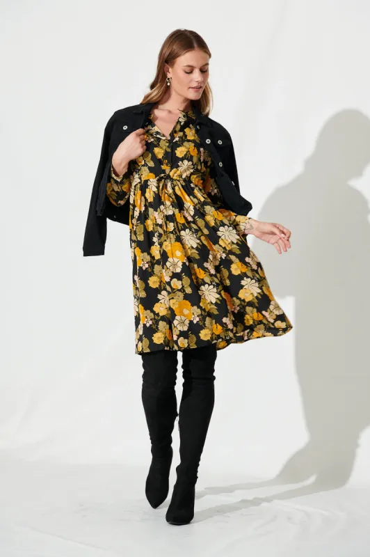 Kelsey Dress In Black With Mustard Floral sold by St Frock