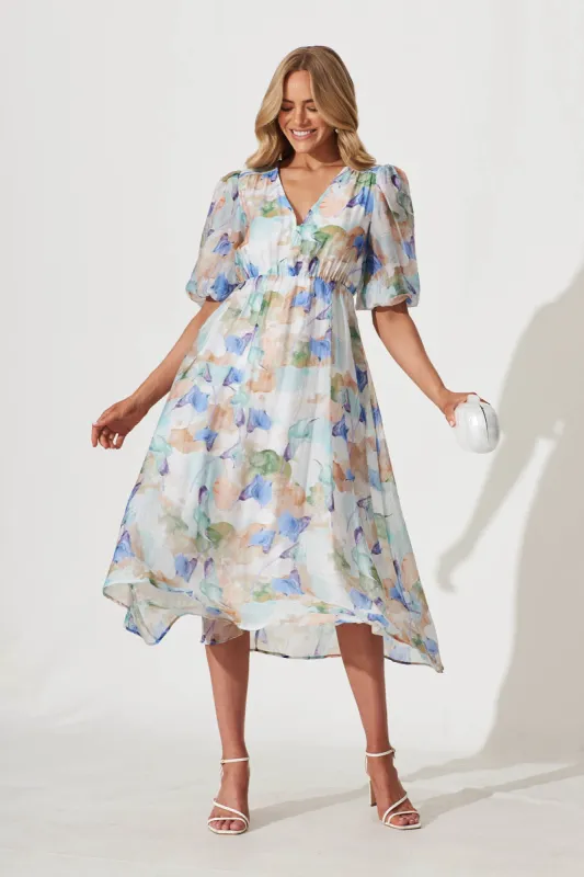 Manilla Midi Dress In Blue Multi Watercolour Floral sold by St Frock