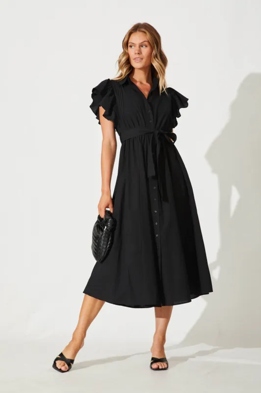 Miles Midi Shirt Dress In Black Cotton sold by St Frock