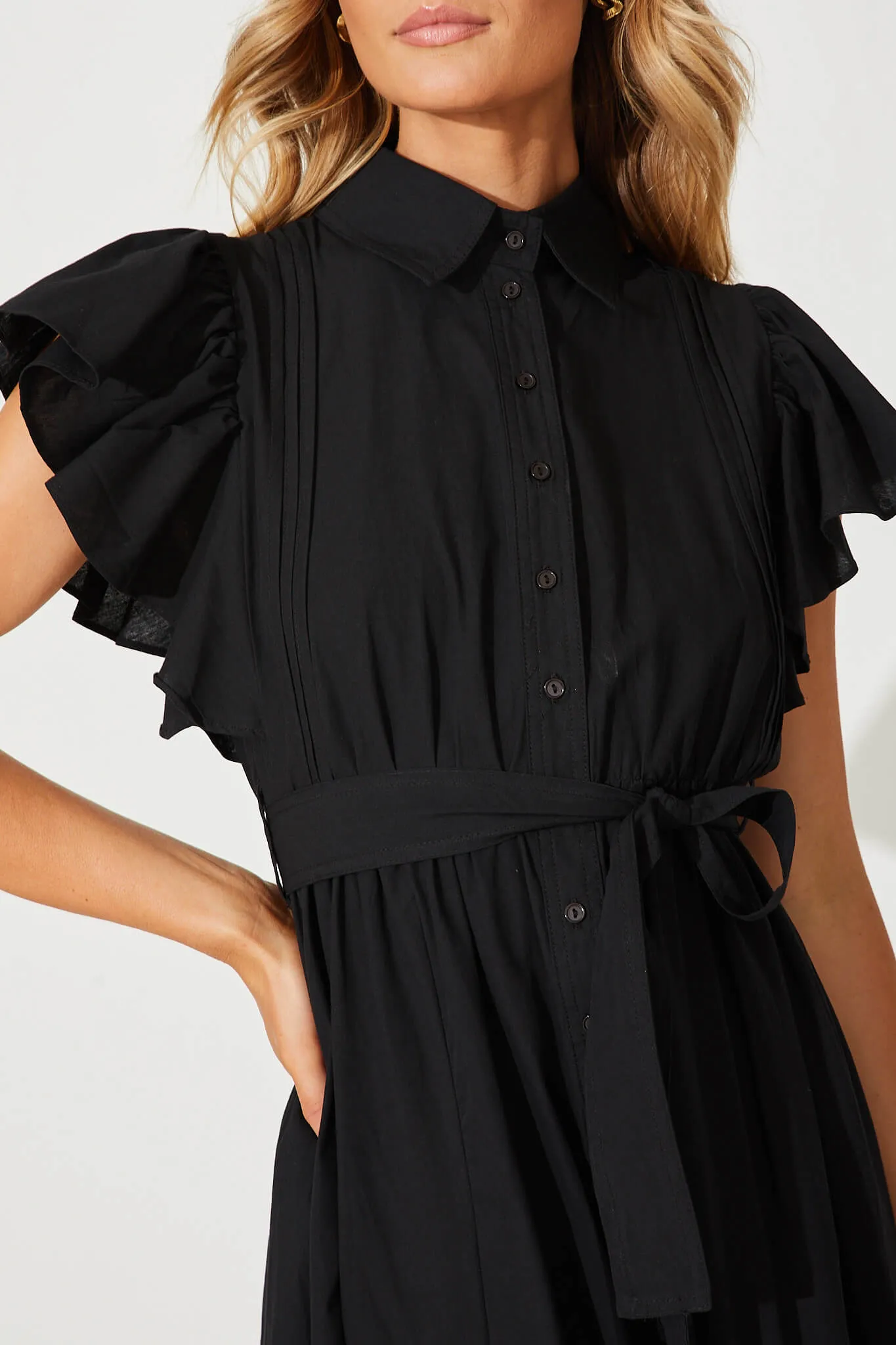 Miles Midi Shirt Dress In Black Cotton sold by St Frock product image thumbnail 5