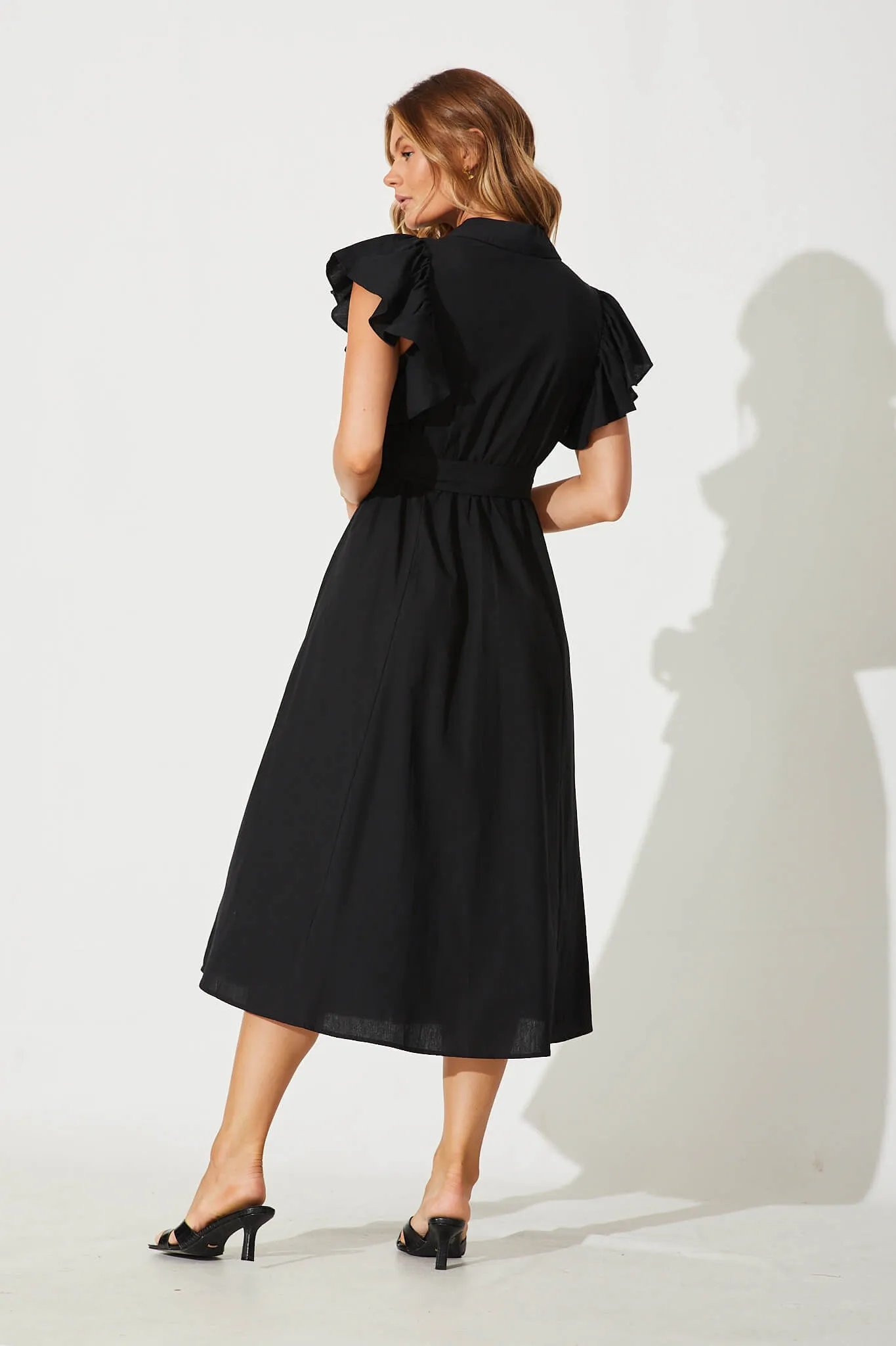 Miles Midi Shirt Dress In Black Cotton sold by St Frock product image thumbnail 4