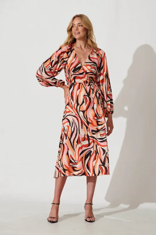 Dita Midi Wrap Dress In Multi Swirl Satin sold by St Frock
