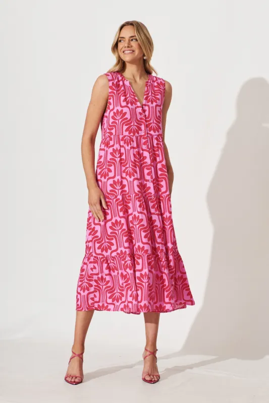 Clover Midi Smock Dress In Purple With Pink Print sold by St Frock