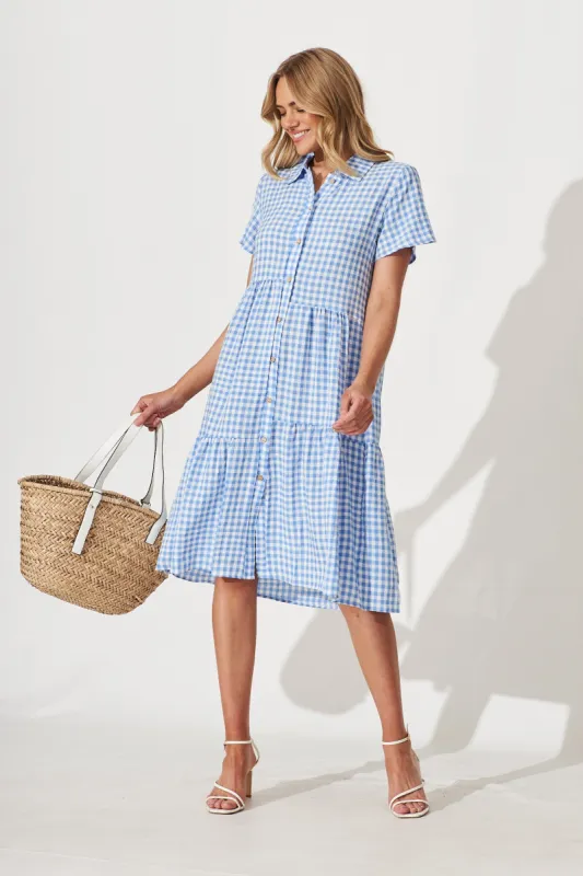 Lina Midi Shirt Dress In Blue And White Gingham Cotton Blend sold by St Frock