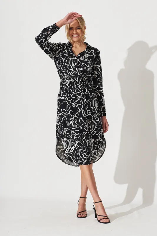 Samana Midi Dress In Black With White Swirl Print sold by St Frock