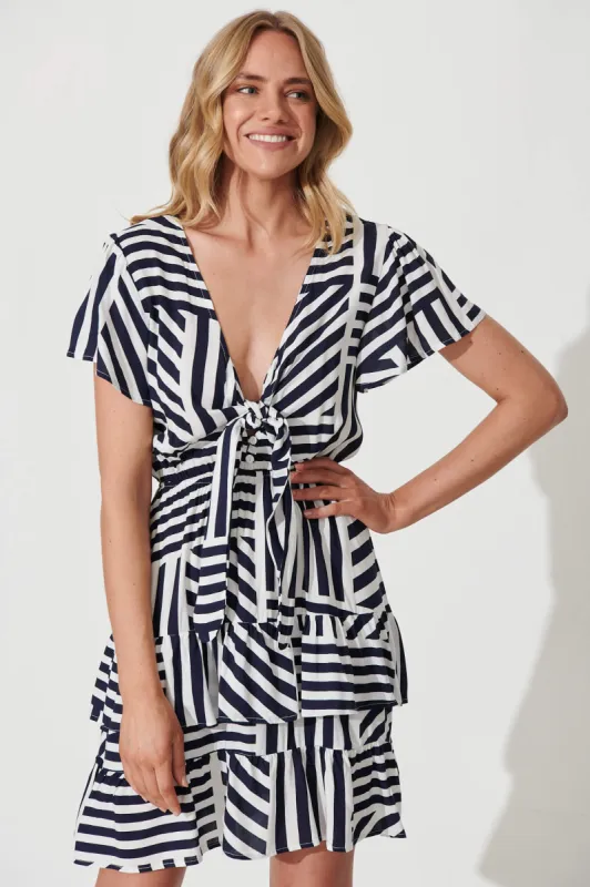 Kora Dress In Navy And White Geo Print sold by St Frock