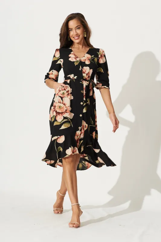 Cora Midi Dress In Black With Blush Floral Bubble Crepe sold by St Frock