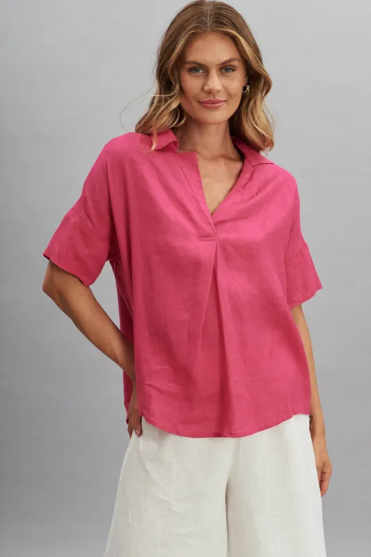 Ollie Top In Magenta Pure Linen sold by St Frock