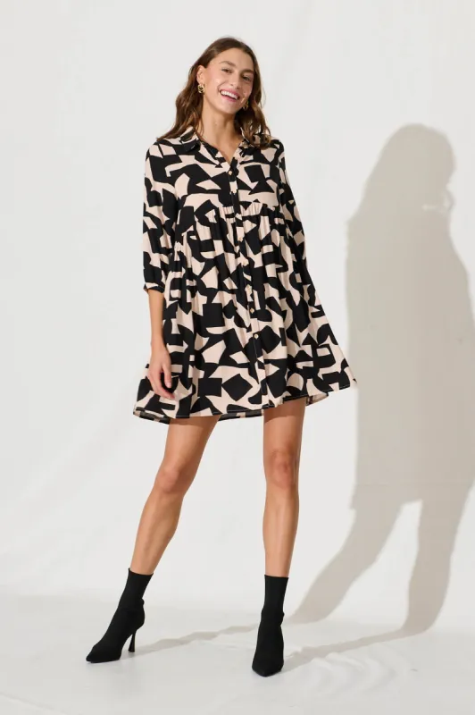 Soiree Shirt Dress In Black And Sand Geometric Print sold by St Frock
