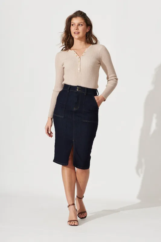 Sun Kiss Denim Skirt In Dark Blue sold by St Frock