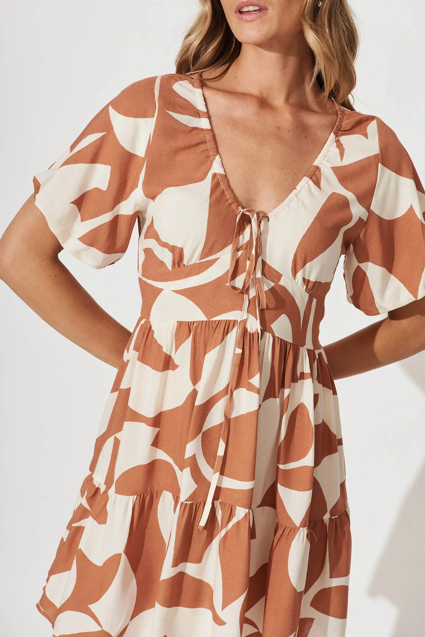 Julieta Dress In Tan With Cream Geometric Print sold by St Frock product image thumbnail 5