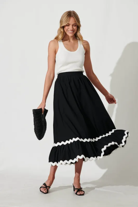 Letitia Midi Skirt In Black With White Ric Rac Trim Cotton sold by St Frock
