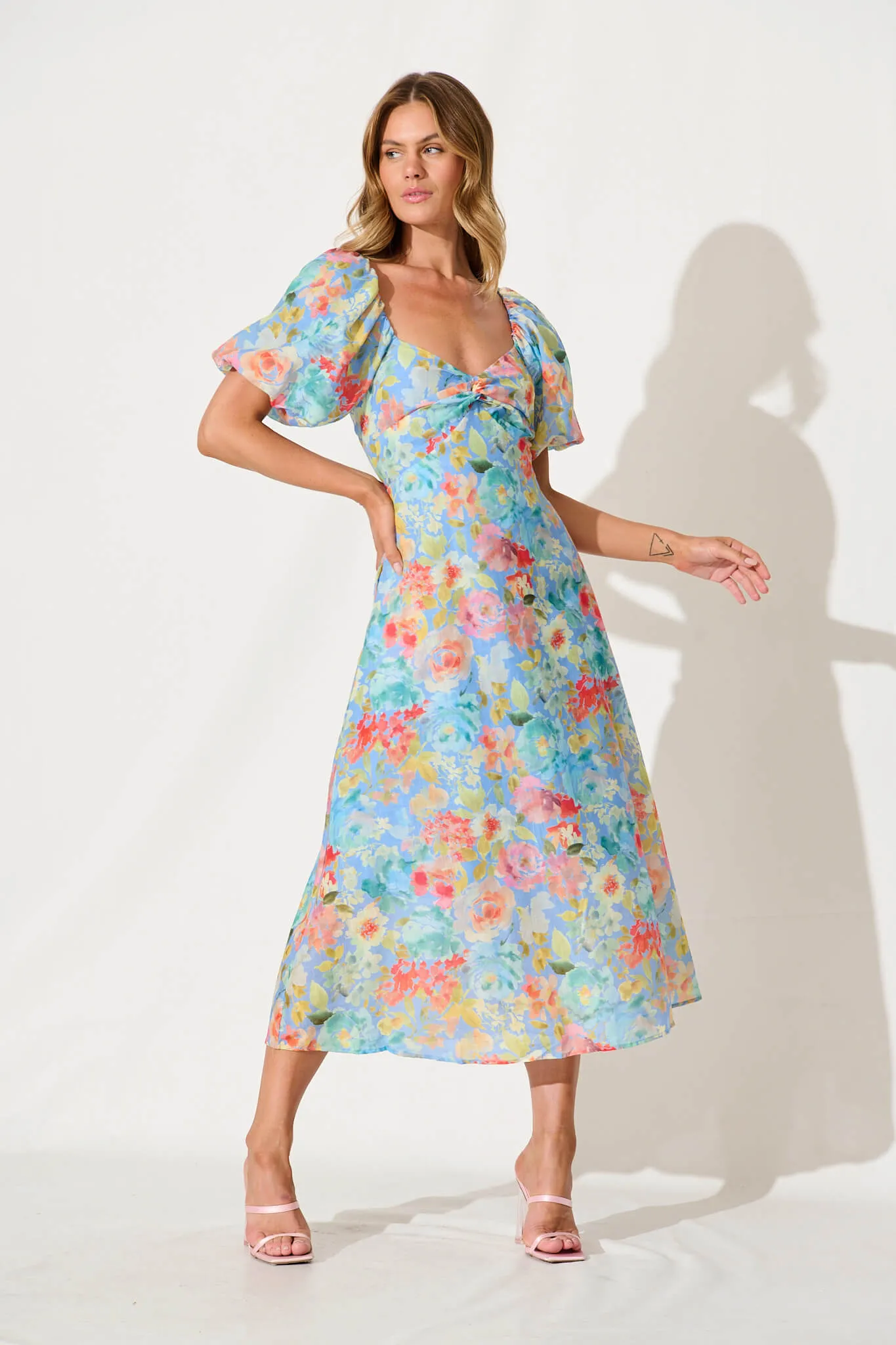 Vale Midi Dress In Blue With Multi Floral Cotton Blend sold by St Frock