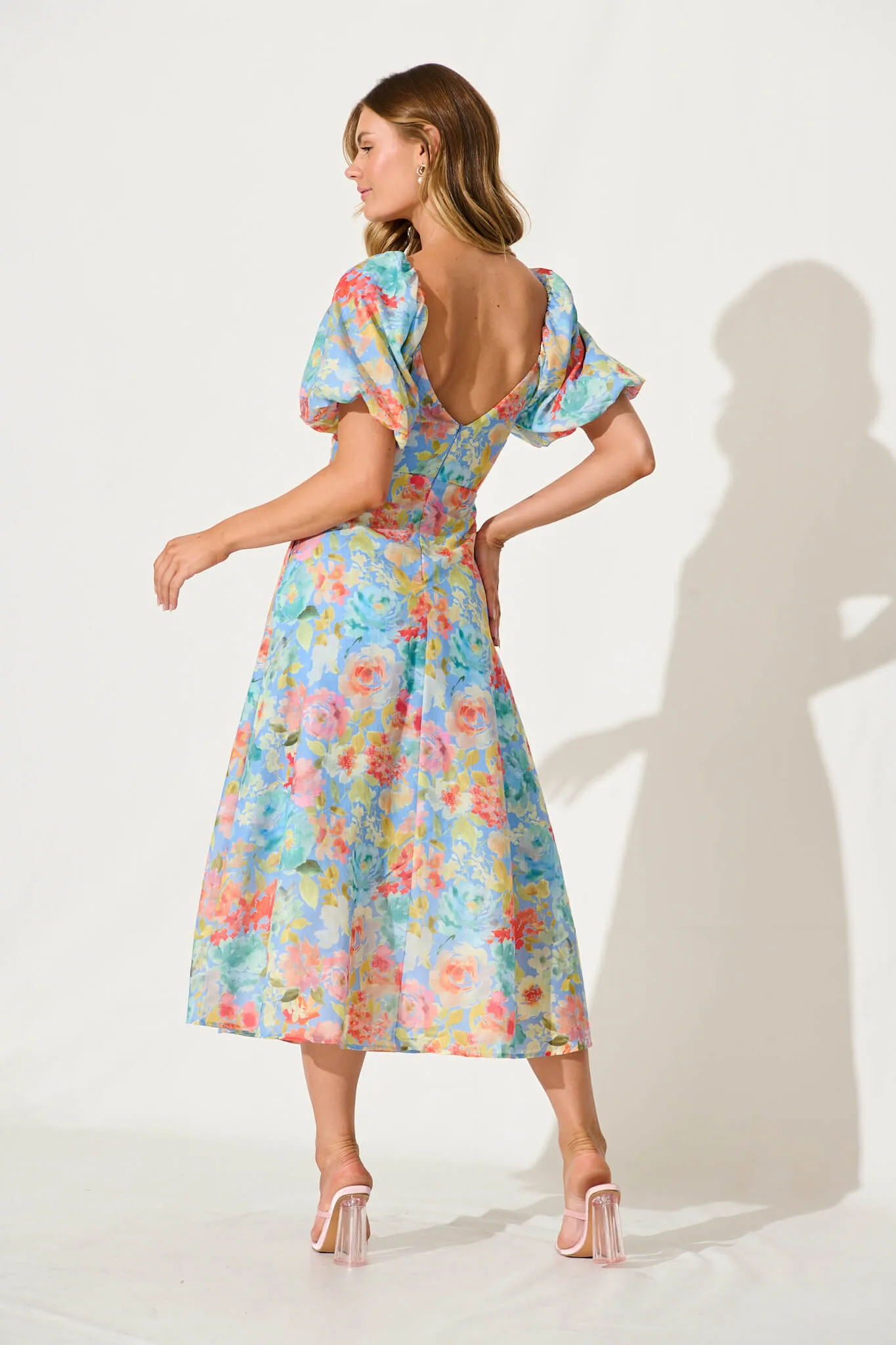 Vale Midi Dress In Blue With Multi Floral Cotton Blend sold by St Frock product image thumbnail 4