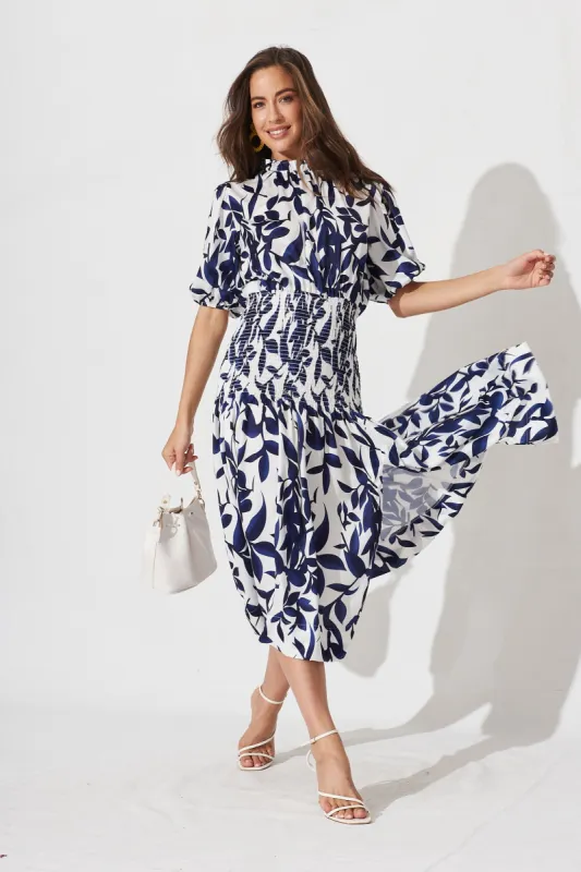 Madona Midi Dress In White With Navy Floral sold by St Frock