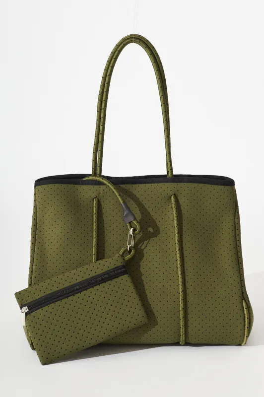 August + Delilah Rania Neoprene Tote Bag In Khaki sold by St Frock