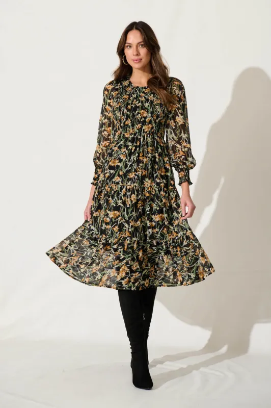 Jaseline Midi Dress In Black With Multi Floral Chiffon sold by St Frock