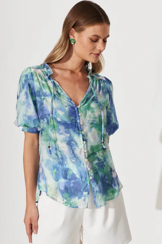 Jupiter Shirt In Blue With Green Watercolour Print sold by St Frock