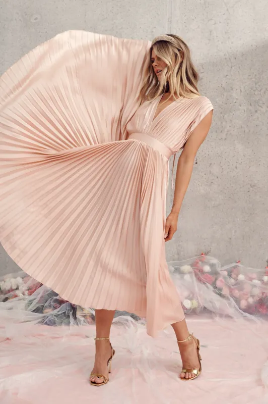 Anetta Midi Dress In Pleated Blush Satin sold by St Frock