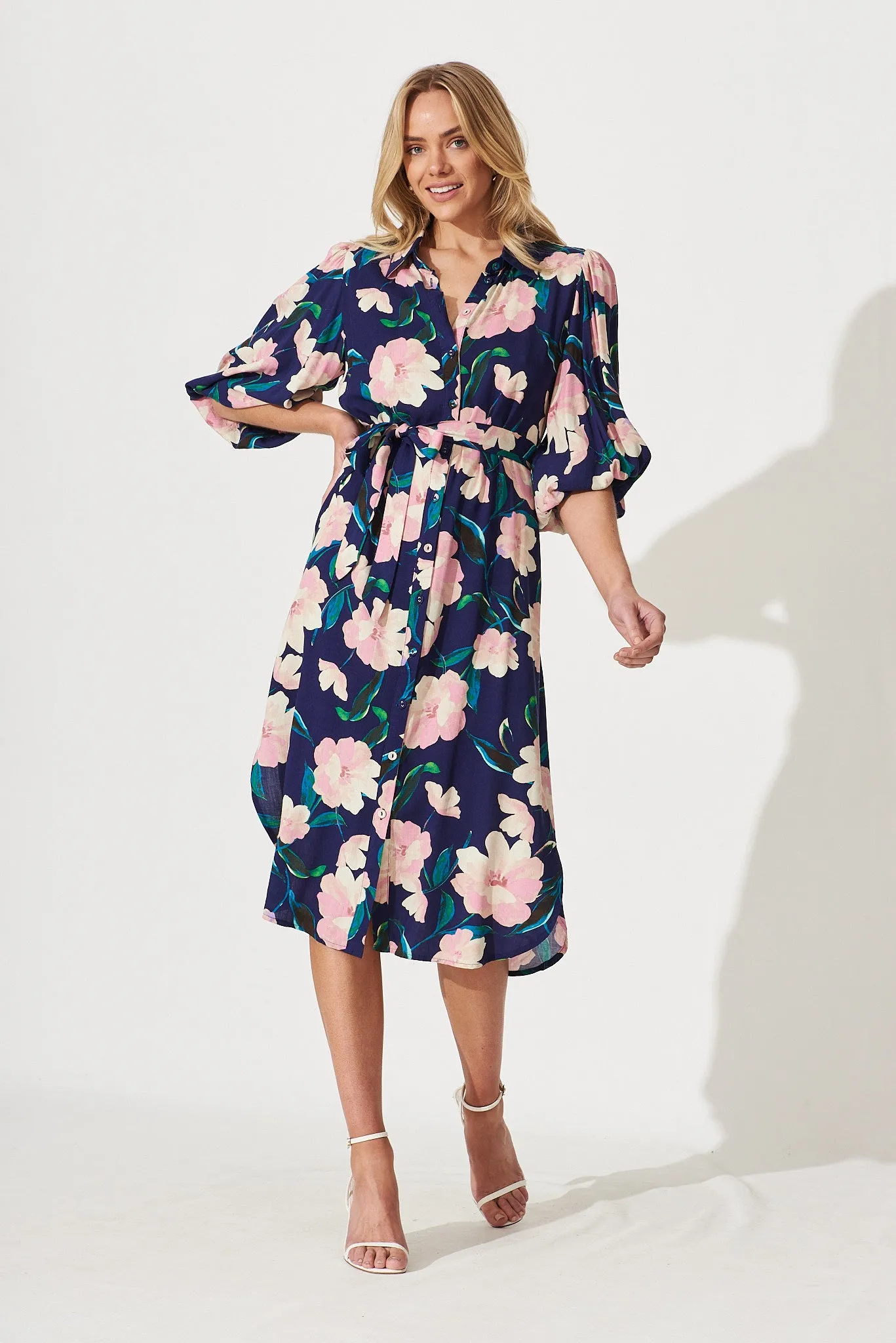 Francy Midi Shirt Dress In Navy With Blush Floral sold by St Frock