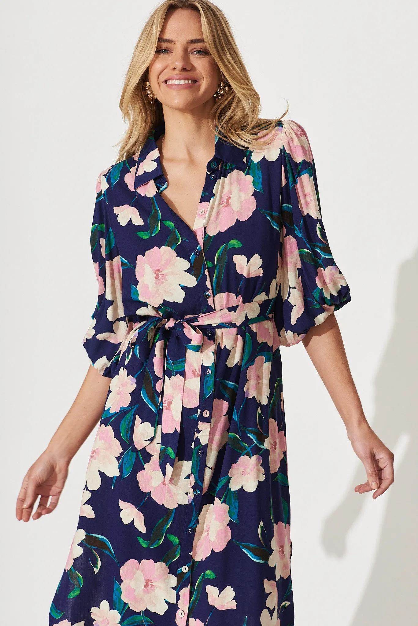 Francy Midi Shirt Dress In Navy With Blush Floral sold by St Frock product image thumbnail 2