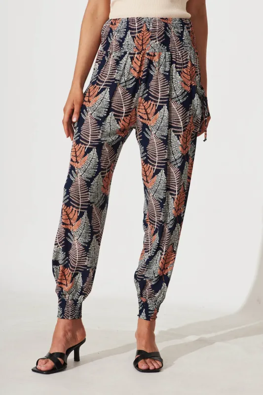 Gabby Pant In Navy With Multi Leaf Print sold by St Frock