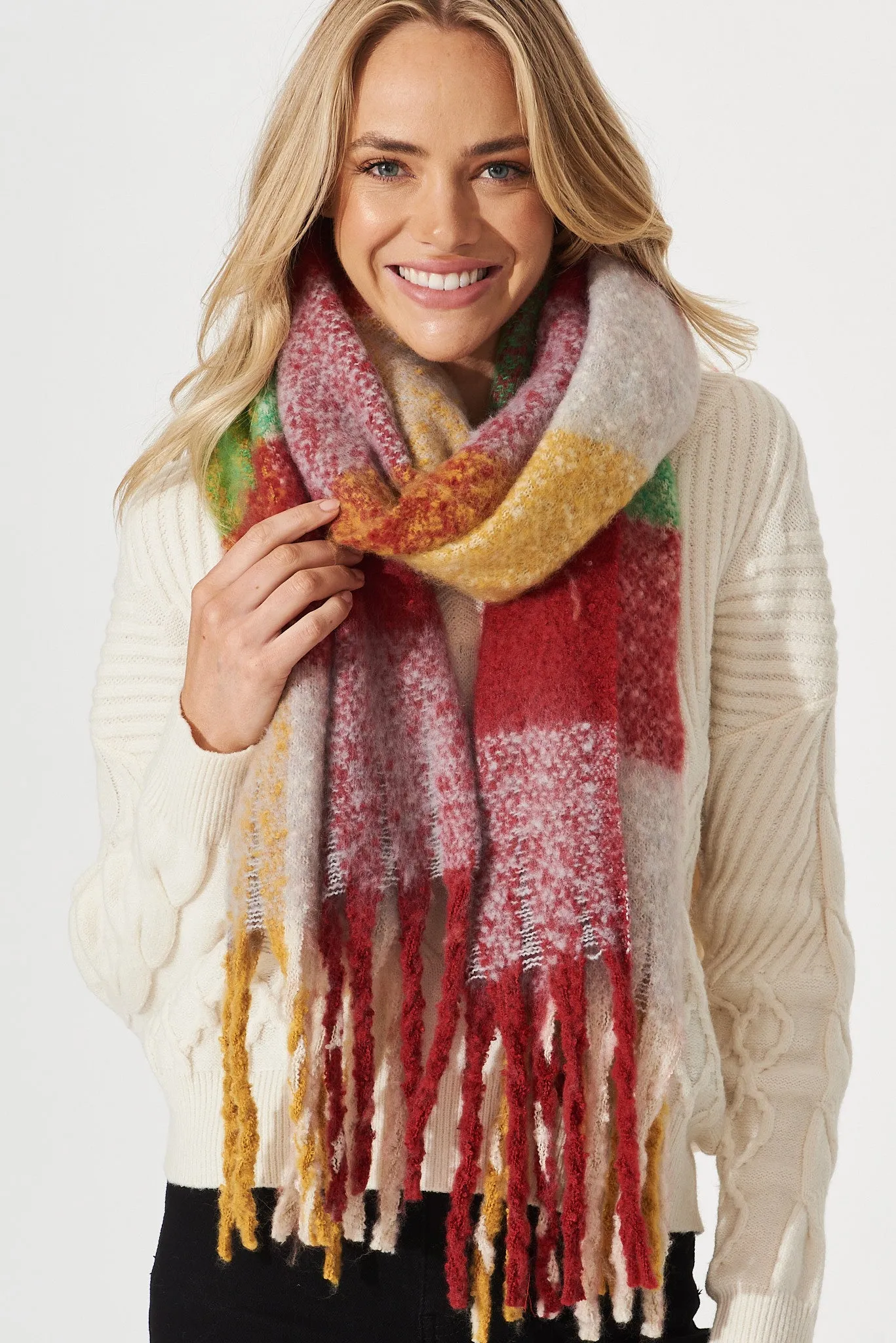 Brooklyn Oversized Knit Scarf In Red And Green Check sold by St Frock