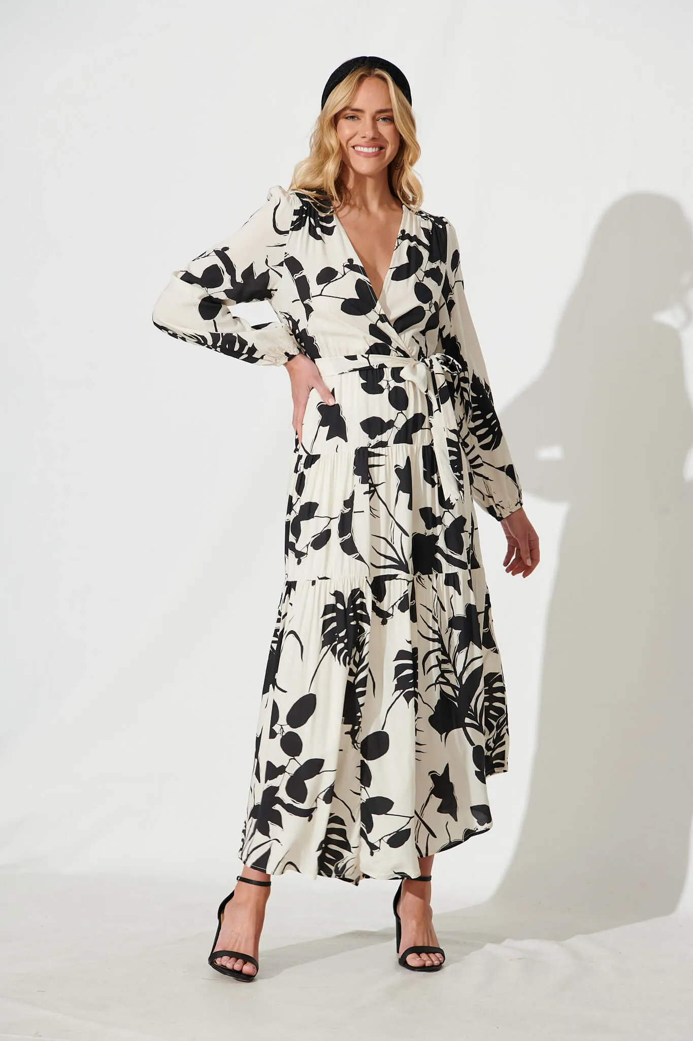 Eclair Maxi Dress In Cream With Black Leaf Print sold by St Frock