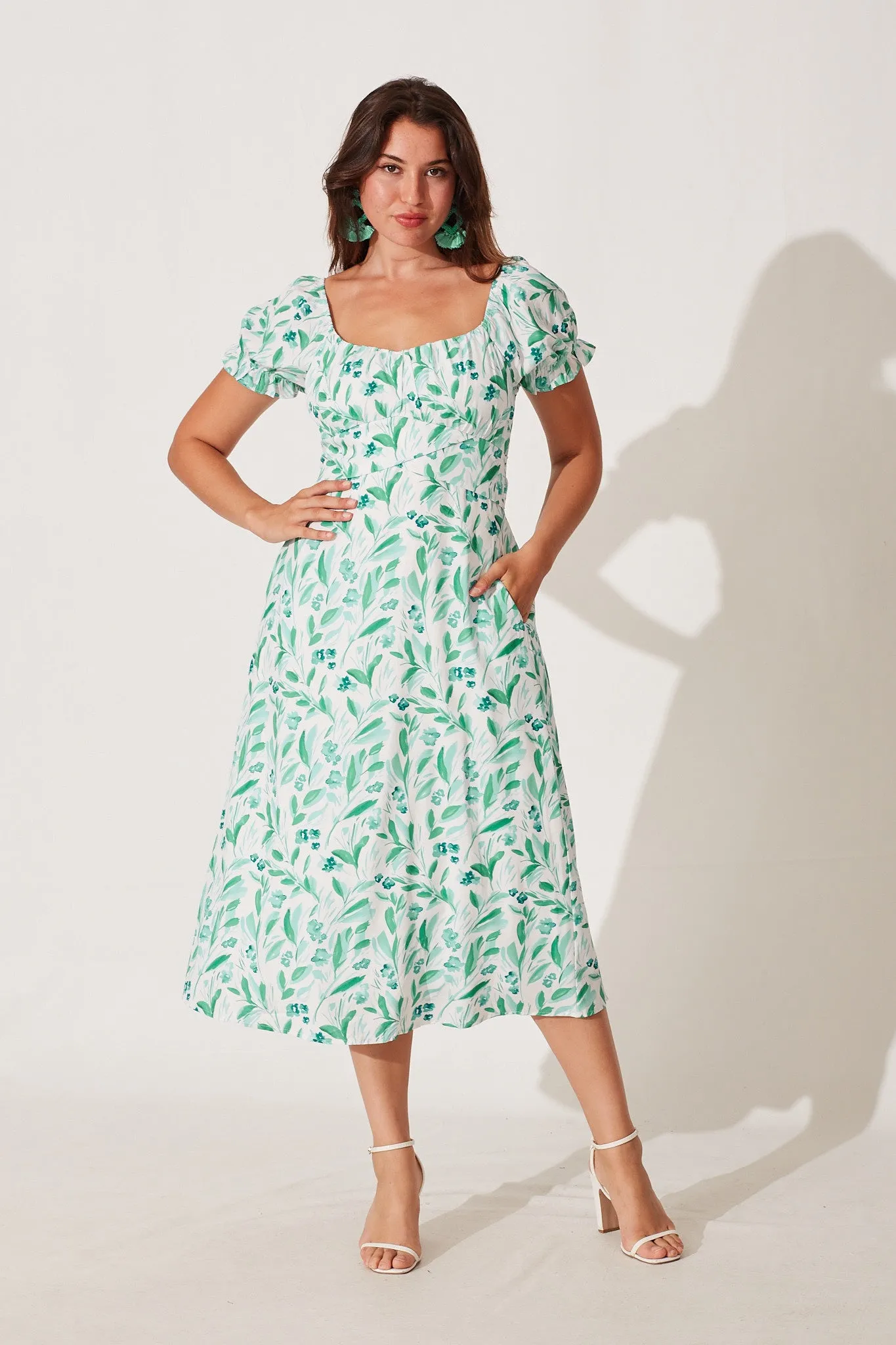 Hilary Midi Dress In White With Green Floral Print sold by St Frock product image thumbnail 2
