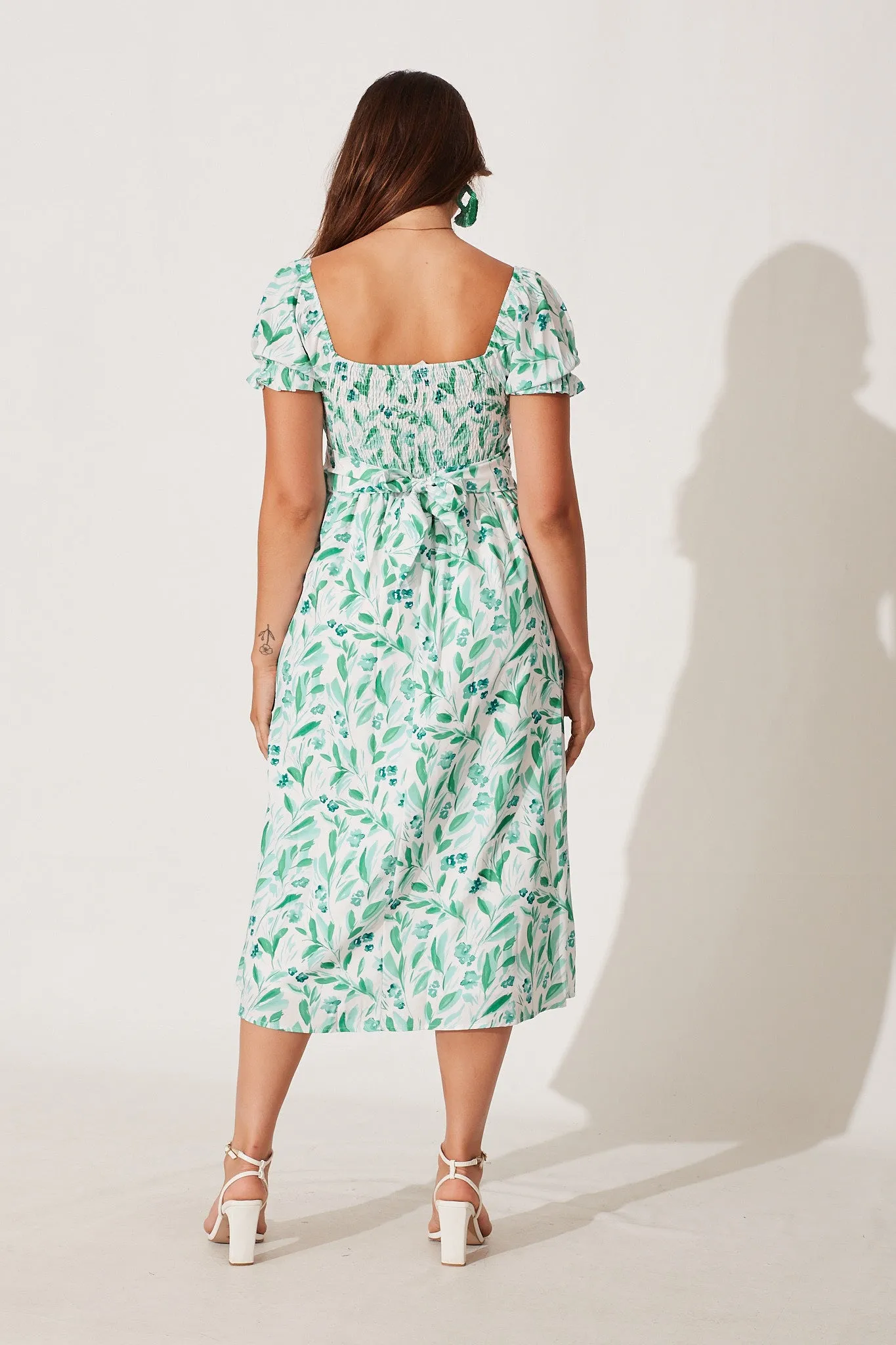 Hilary Midi Dress In White With Green Floral Print sold by St Frock product image thumbnail 4