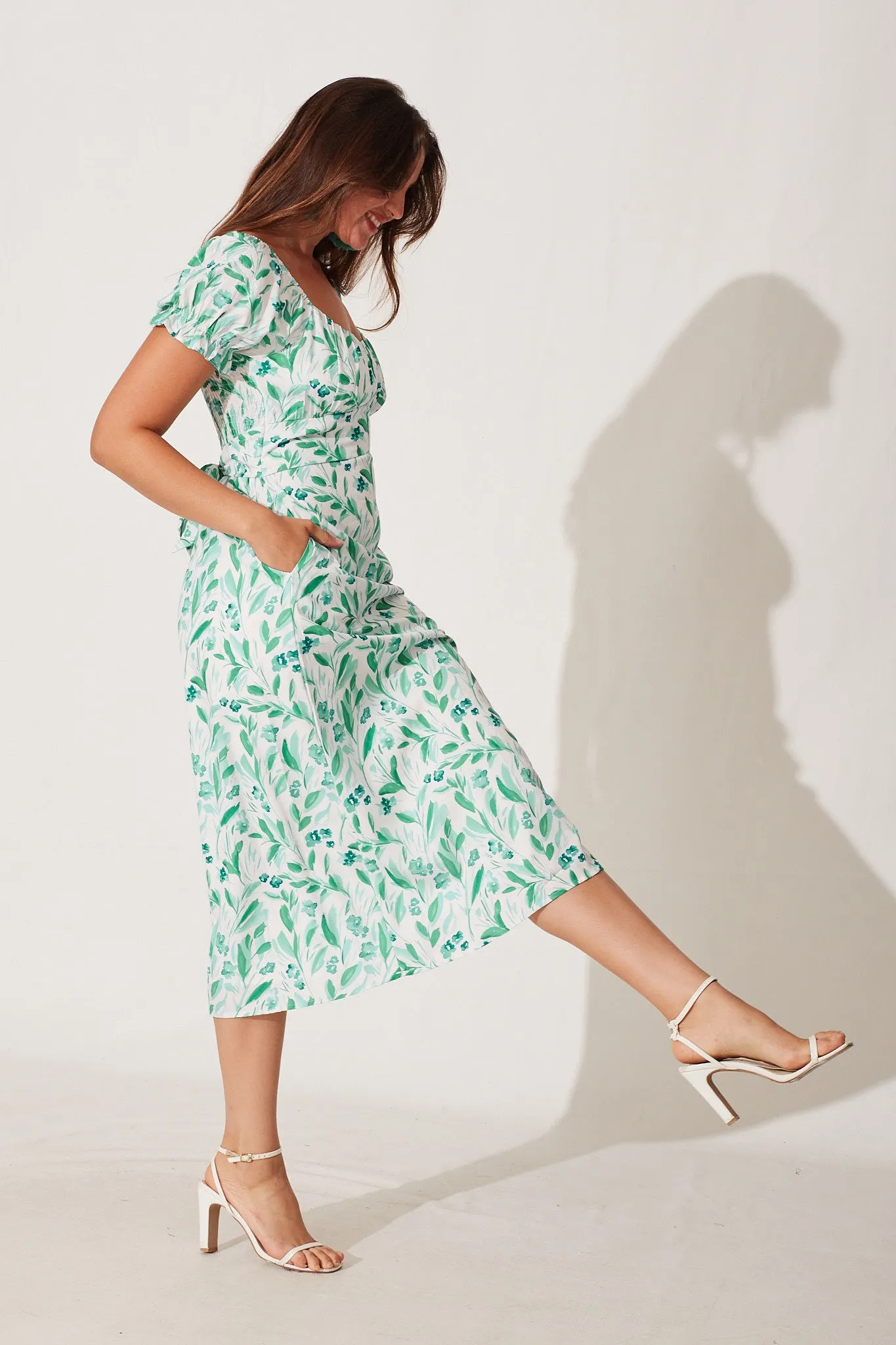 Hilary Midi Dress In White With Green Floral Print sold by St Frock