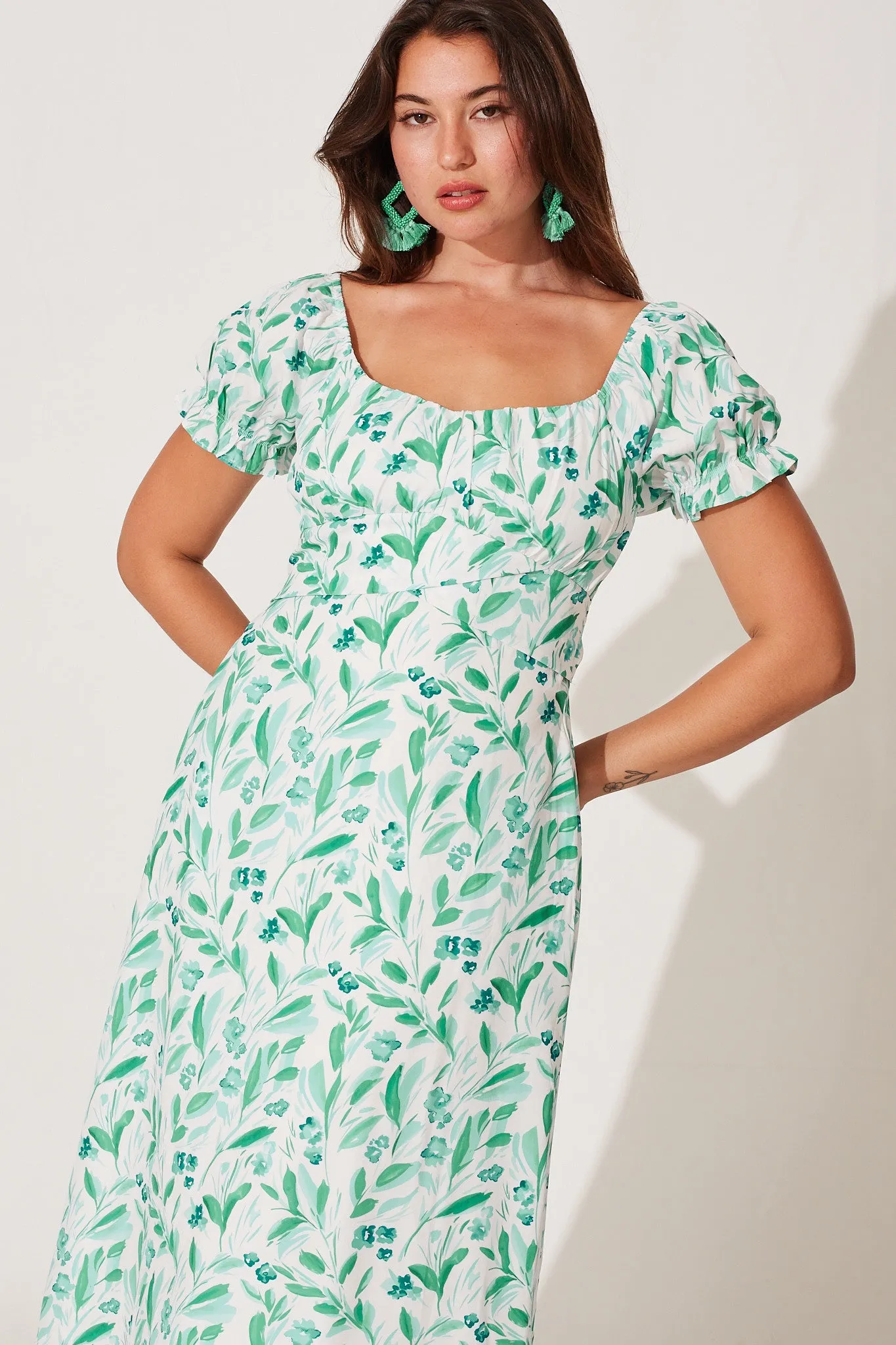 Hilary Midi Dress In White With Green Floral Print sold by St Frock product image thumbnail 3