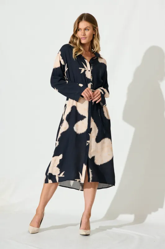 Jacqui Midi Shirt Dress In Ink With Peach Linen Blend sold by St Frock