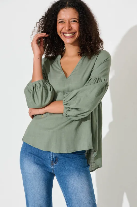 Jasper Top In Light Khaki Linen Blend sold by St Frock