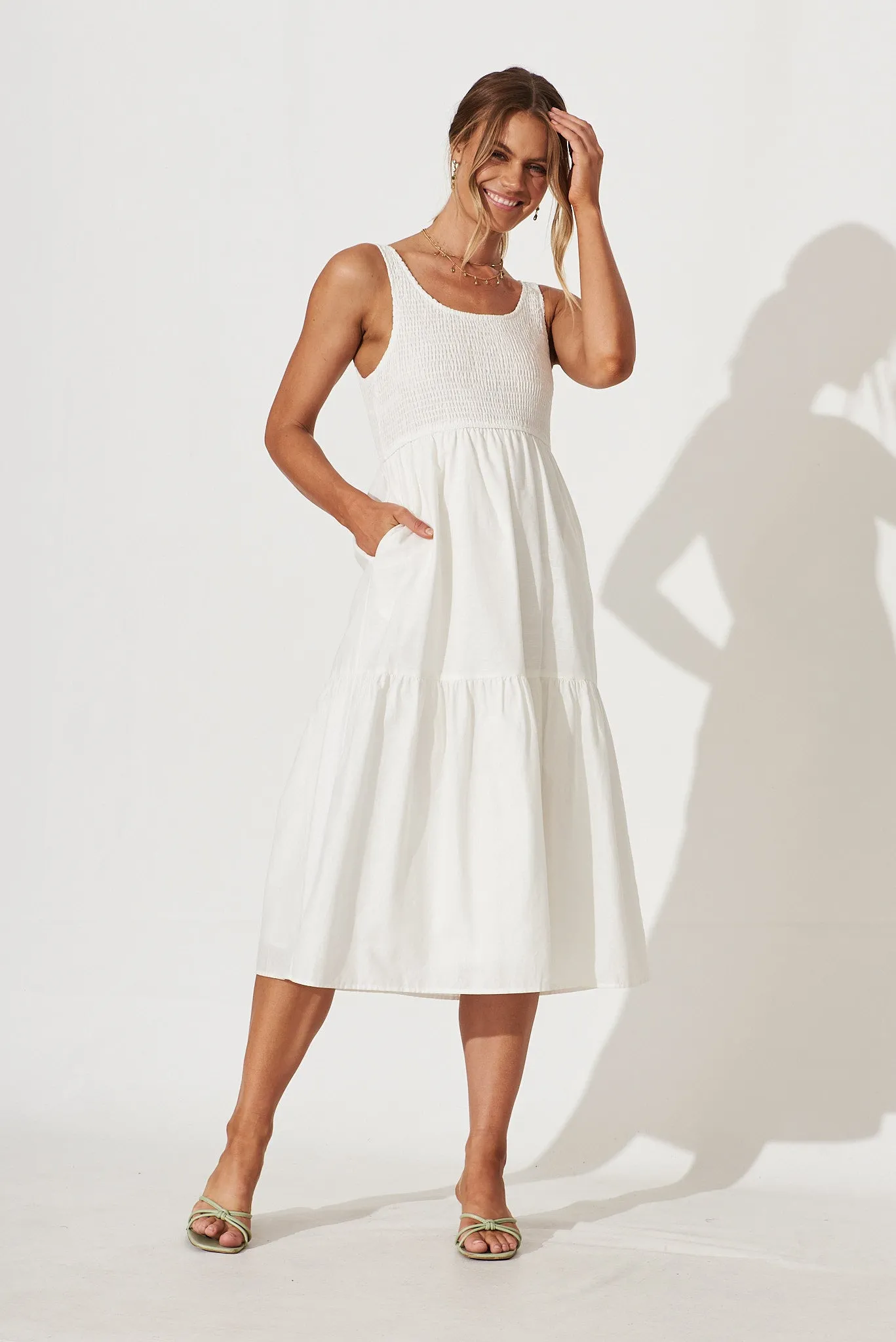 Caribbean Midi Dress In White Cotton Linen sold by St Frock