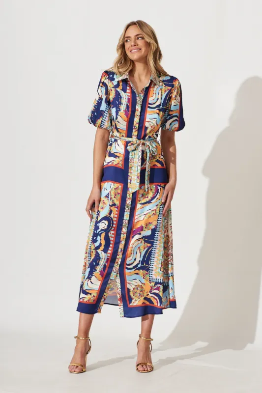 Gabriela Maxi Shirt Dress In Navy Multi Print Satin sold by St Frock