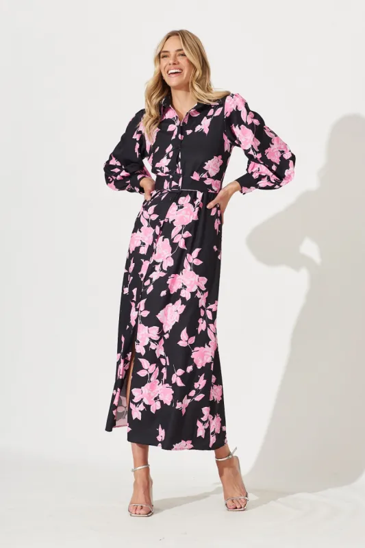 Basel Maxi Shirt Dress In Black With Pink Floral Print sold by St Frock