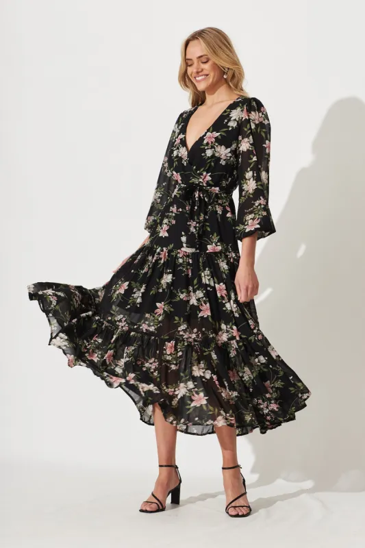Alexis Maxi Dress In Black With Pink Floral Chiffon sold by St Frock