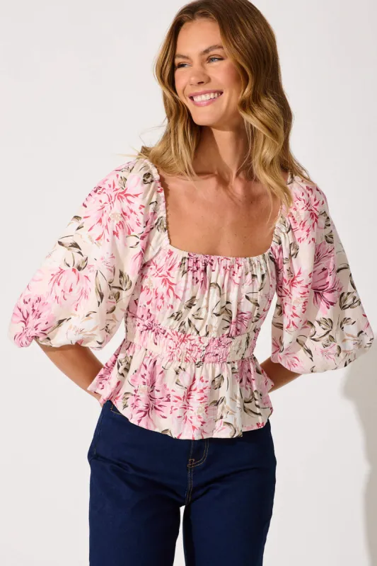 Rosella Top In Beige With Blush Floral Linen Blend sold by St Frock