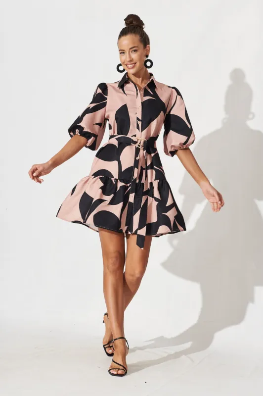 Janae Shirt Dress In Brown With Black Print sold by St Frock