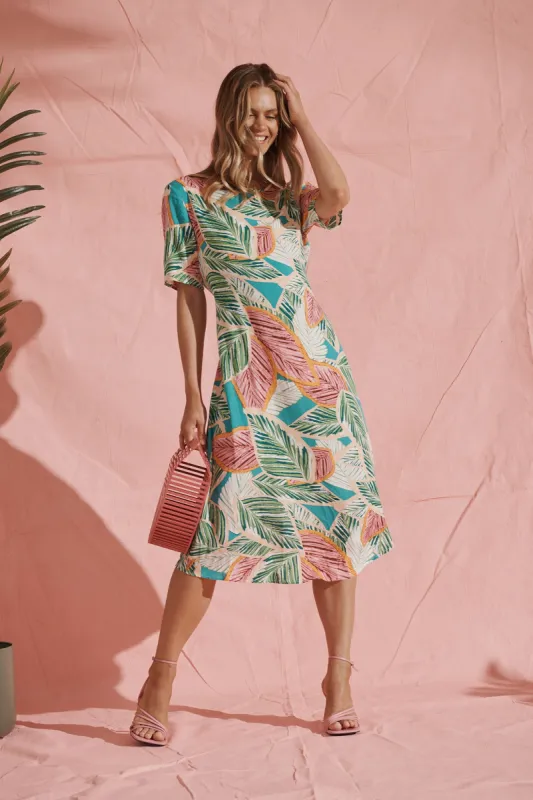 Chambery Midi Dress In Green Multi Leaf Print sold by St Frock