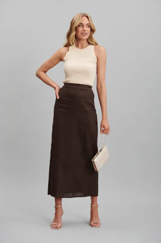 Milah Maxi Skirt In Chocolate Brown Pure Linen sold by St Frock