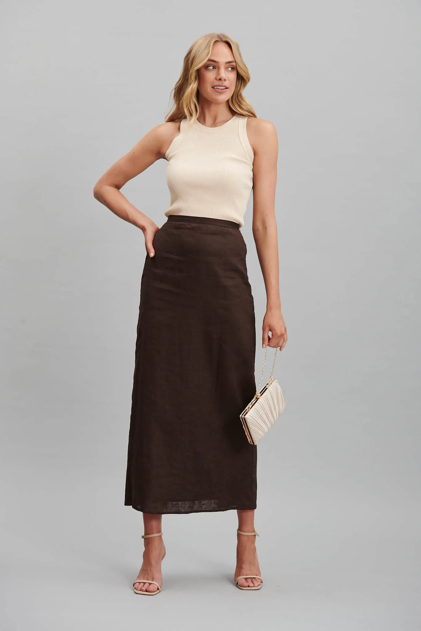 Milah Maxi Skirt In Chocolate Brown Pure Linen sold by St Frock
