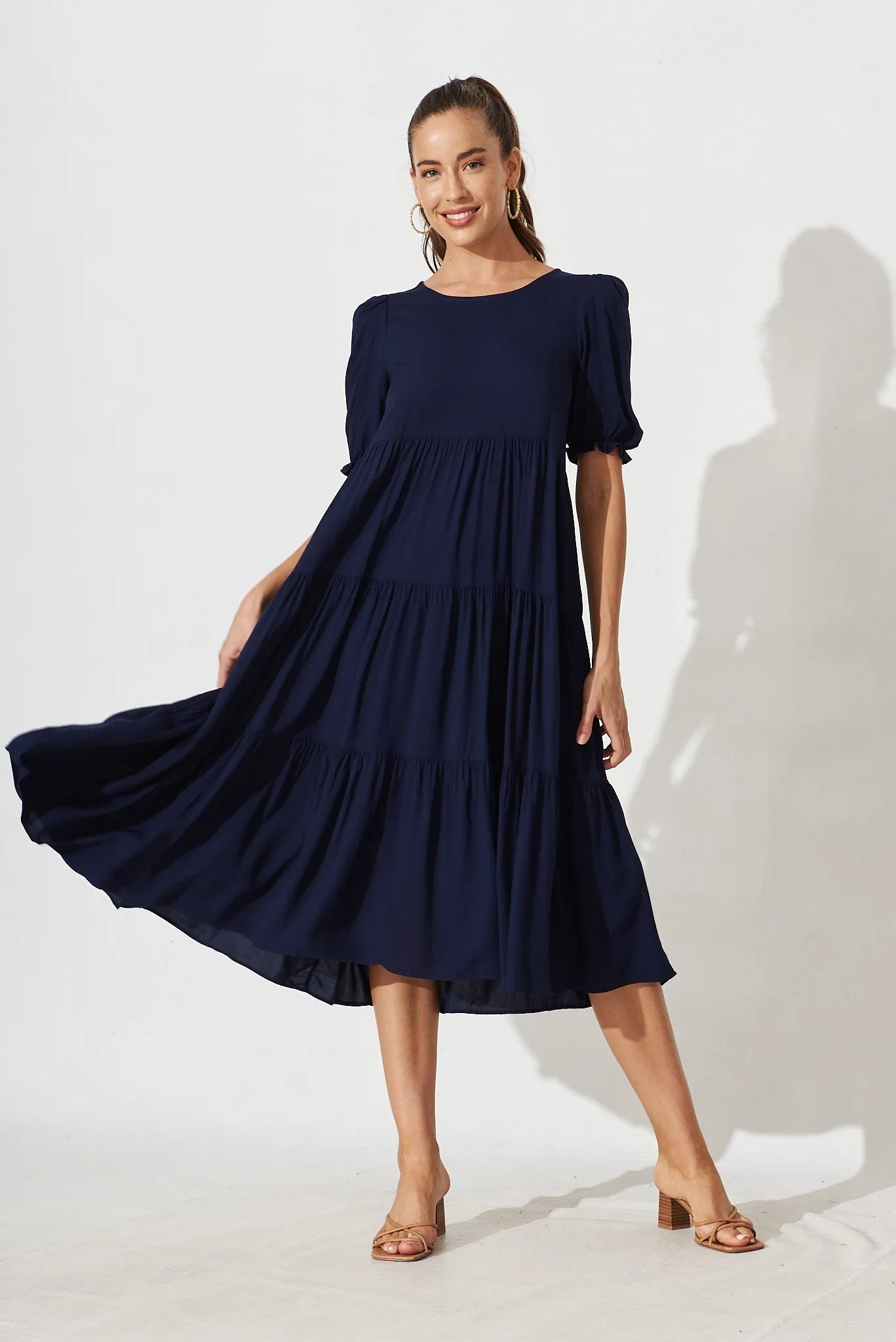 Nevi Tiered Midi Dress In Navy sold by St Frock