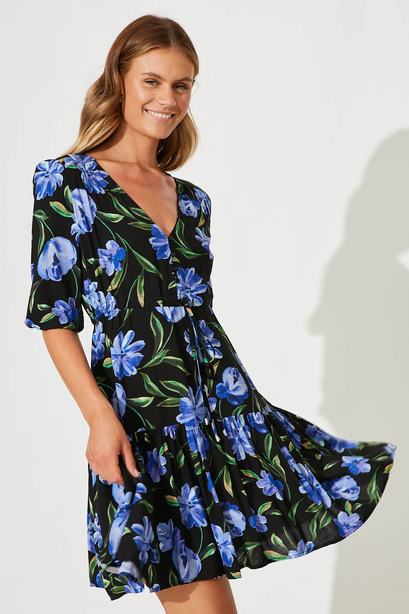 Nicolette Dress In Black With Blue Floral sold by St Frock product image thumbnail 2