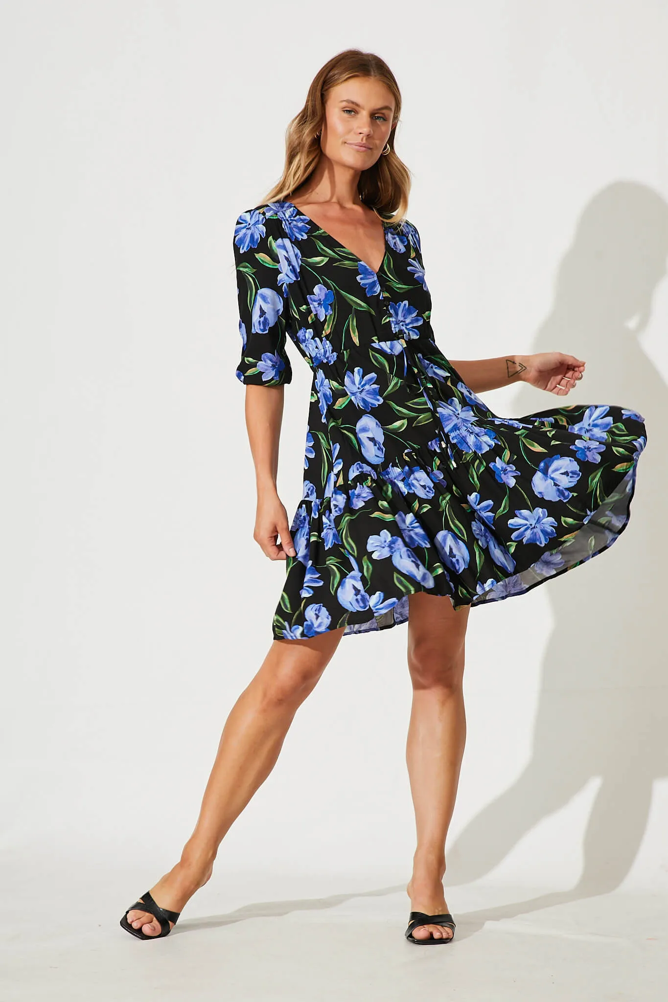 Nicolette Dress In Black With Blue Floral sold by St Frock